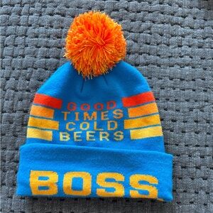 Blue and Orange Pom-Pom Beanie